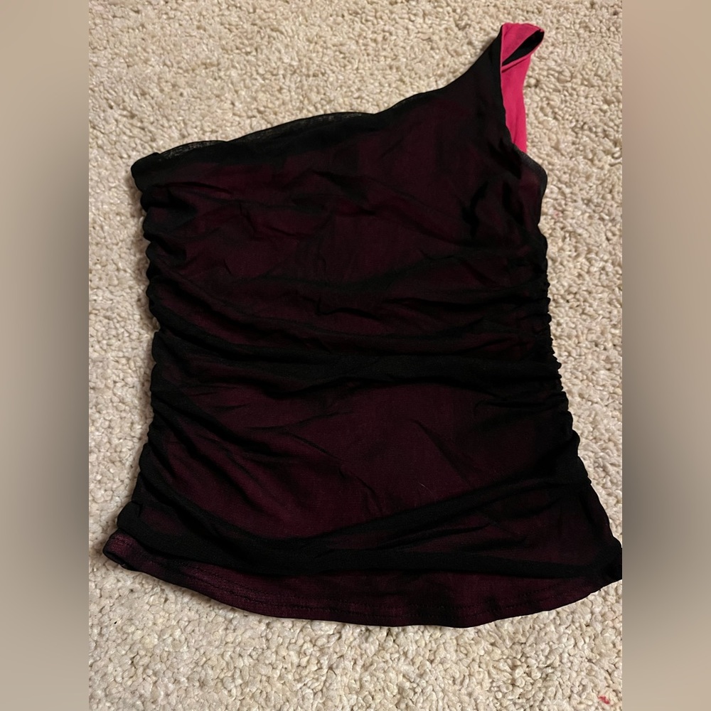 Hot pink and see through black ruched one strap top